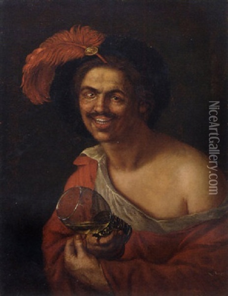 A Man Holding A Roemer Oil Painting - Hendrick Ter Brugghen