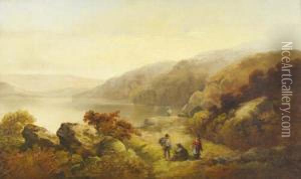 Lakeland Landscape With Figures In The Foreground And Hills Beyond Signed Oil Painting - John Joseph Barker Of Bath
