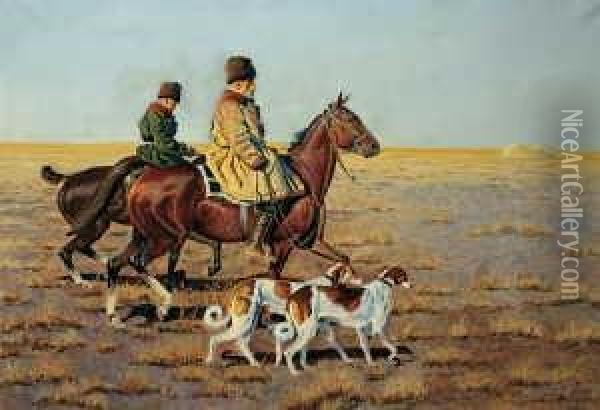 Zwei Reitende Kosaken Mit Windhunden. Oil Painting - Hugo Ungewitter