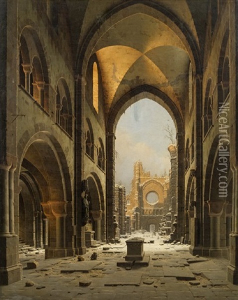 Ruins Of A Church In Halberstadt In Winter Oil Painting - Carl Georg Adolph Hasenpflug