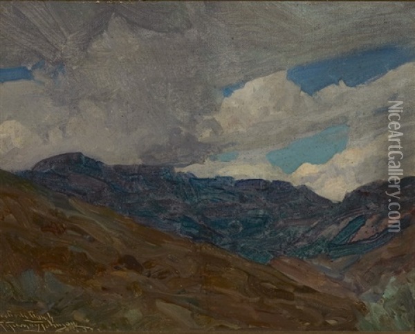 Trout Peak From Rim Rock Ranch In Wapiti, Wyoming Oil Painting - Frank Tenney Johnson