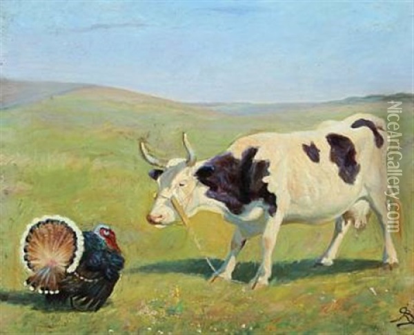 Scenery From The Island Fur With A Cow And A Turkey Oil Painting - J. Resen Steenstrup