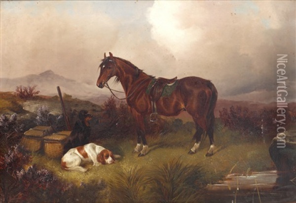 A Huntsman's Pony, Dogs, Guns And Baskets In A Moorland Landscape Oil Painting - Colin Graeme