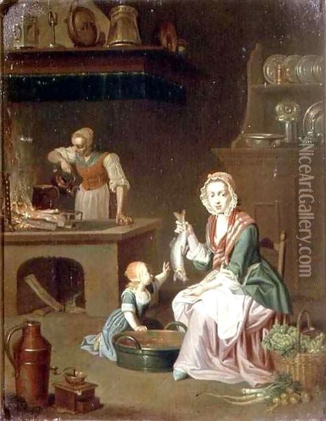 Kitchen interior with a woman showing a fish to a child and a servant by a stove Oil Painting - Johann Daniel Bager