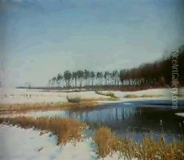 A Lake In Winter Oil Painting - Sigvard Marius Hansen
