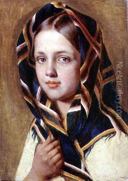 Girl in a Shawl Oil Painting - Aleksei Gavrilovich Venetsianov