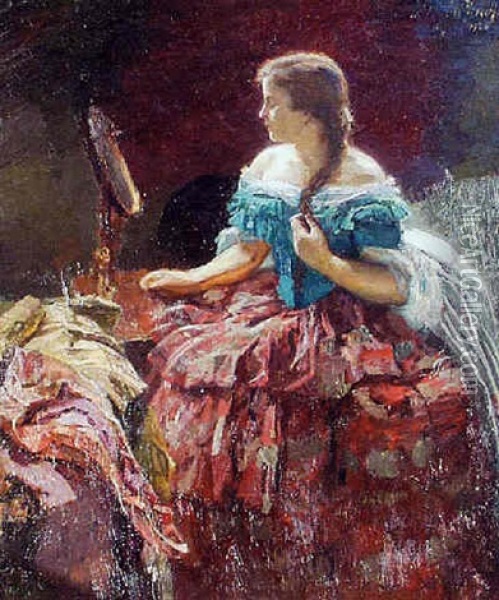 Ung Pige I Balkjole Betragter Sig Selv I Spejlet Oil Painting - Otto Herschel