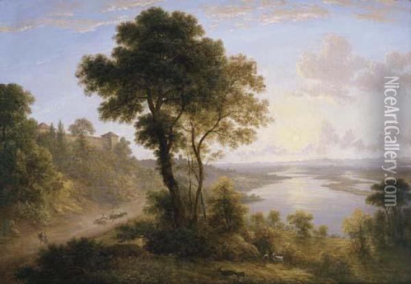 Landscape With Buildings On Hill Oil Painting - John Glover
