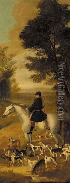 A huntsman on a grey hunter, with harriers in an extensive wooded landscape Oil Painting - John Wootton