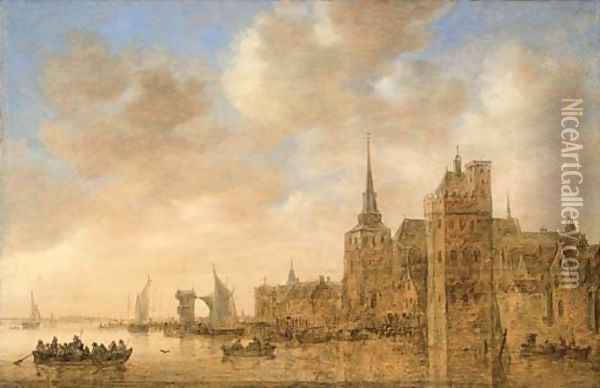An imaginary view of Antwerp from the Scheldt, a ferry with passengers in the foreground Oil Painting - Jan van Goyen