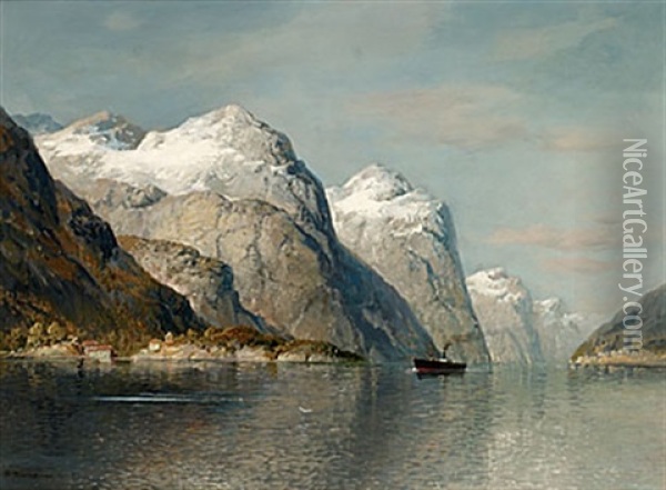 Fjordlandskap Med Angbat Oil Painting - Georg Anton Rasmussen