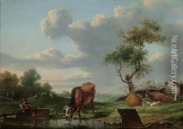 A Pastoral Landscape With A Herdsman At Rest By A Stream And His Cattle Watering Oil Painting - Dyonis Van Dongen