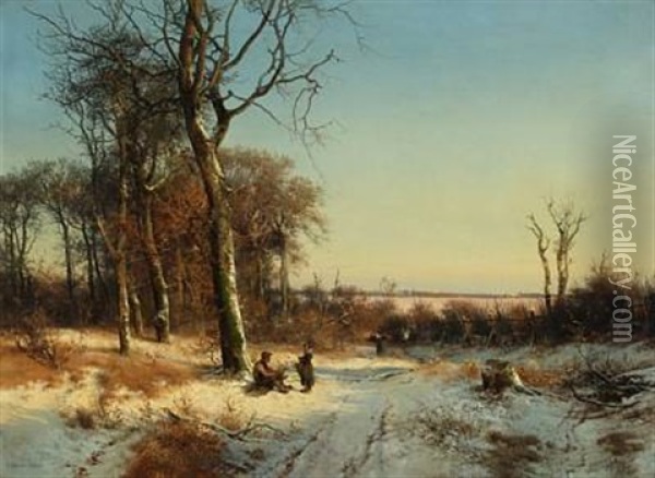 Wintry Forest With A Family Collecting Firewood Oil Painting - Frederik Niels Martin Rohde