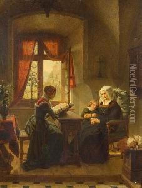 Interior Scene With Figures Reading From Abook Oil Painting - August Siegert