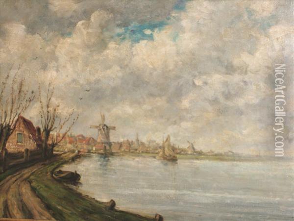 A View Of A Distant Town, Possibly Dordrecht Oil Painting - Jacob Henricus Maris