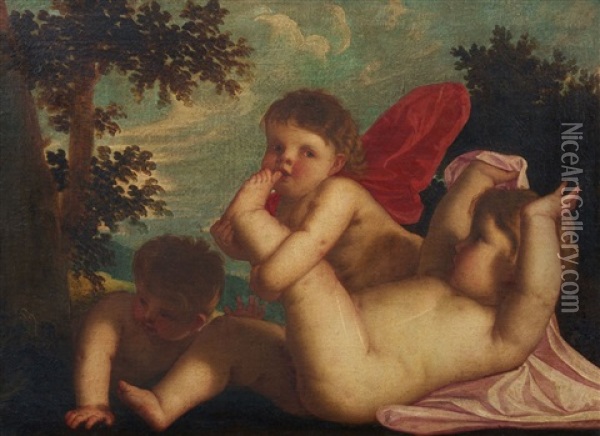 Allegorical Scene Of Putti At Play With A Snake Oil Painting - Alessandro Varotari