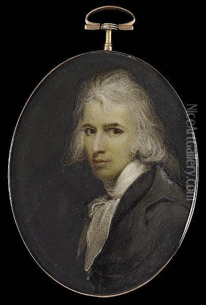 A Gentleman, Wearing Dark Grey Coat And Loosely Tied White Cravat, His Long Hair Powdered And Worn Oil Painting - Francois Ferriere