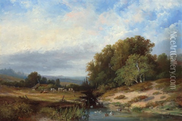Weite Landschaft Mit Weidendem Vieh Und Enten Oil Painting - Hermanus Jan Hendrik Rijkelijkhuysen