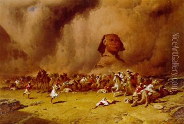 Sandstorm In The Desert Oil Painting - George Washington Nicholson
