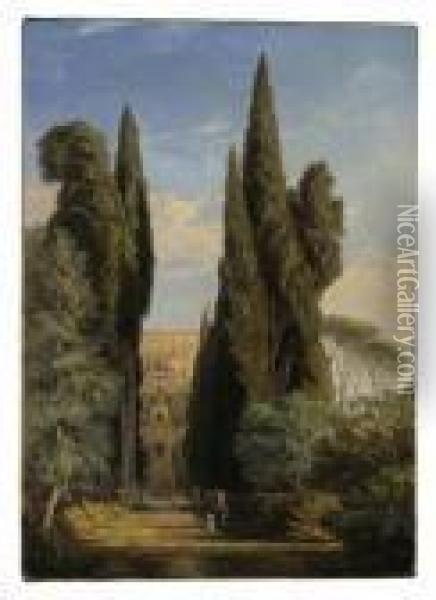 Cypresses At The Villa D'este, Tivoli Oil Painting - Edward Lear