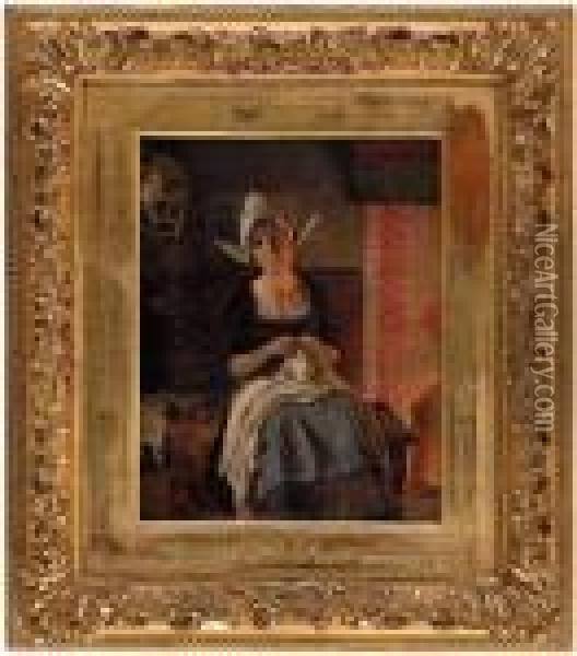 Im Kaminzimmer Sitzende Junge Frau Beim Nahen Oil Painting - Alois Heinrich Priechenfried