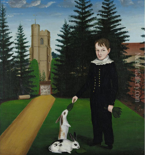 Young Boy Feeding Rabbits Oil Painting - John Bradley