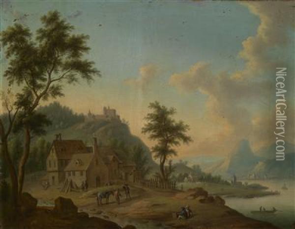 River Landscape With A Fortress And Figuralstaffage Oil Painting - Christian Georg Schuttz II