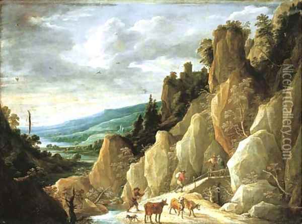 An extensive landscape with a herdsman and cattle and travellers crossing a bridge Oil Painting - David III Teniers
