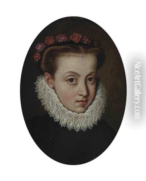 Portrait Of A Lady, Bust-length, In A White Ruff, With Flowers In Her Hair Oil Painting - Sofonisba Anguissola