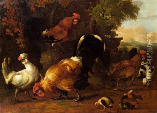 Huhner Und Hahne Oil Painting - Melchior de Hondecoeter