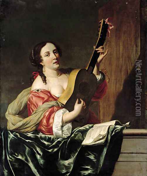 A lady playing a guitar on a balcony Oil Painting - Johannes Van Bronckhorst