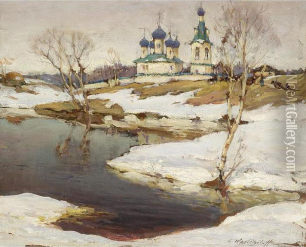 Russian Village Under Snow Oil Painting - Constantin Alexandr. Westchiloff