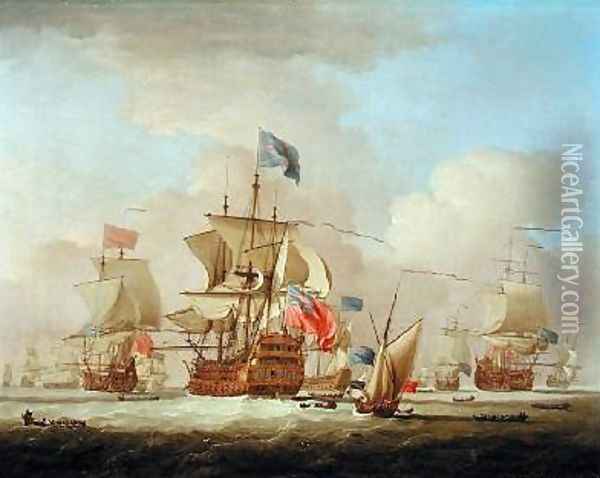 British Men-of-War and a Sloop 1720-30 Oil Painting - Peter Monamy