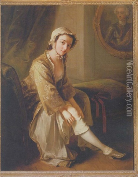 A Young Woman In A Fawn Dress, Seated On A Chaise Longue In An Interior, Removing Her Right Stocking, An Oval Portrait Of A Gentleman (the Young Pretender?) On The Wall Beyond Oil Painting - Philip Mercier