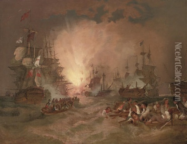 The Battle Of The Nile, 1st August 1798 - The Destruction Of The French Flagship "l'orient" Oil Painting - Philip James de Loutherbourg