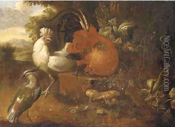 Cockerels on a stone block with a lapwing in a wooded landscape Oil Painting - Melchior de Hondecoeter