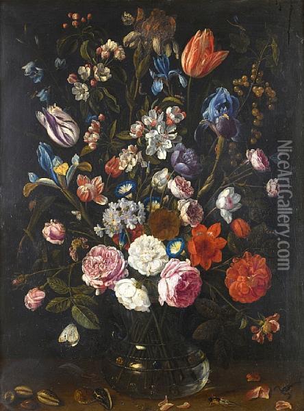 A Still Life Of Tulips, Irises, 
Apple Blossom,roses, Convolvulus, Gooseberries And Other Flowers In A 
Glass Vasewith Shells, Caterpillars, A Dragonfly And Other Insects Oil Painting - Jan van Kessel