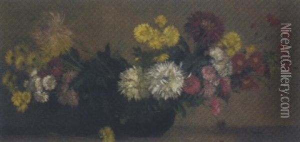 Chrysanthemums And Marigolds In A Vase Oil Painting - Amandus Faure