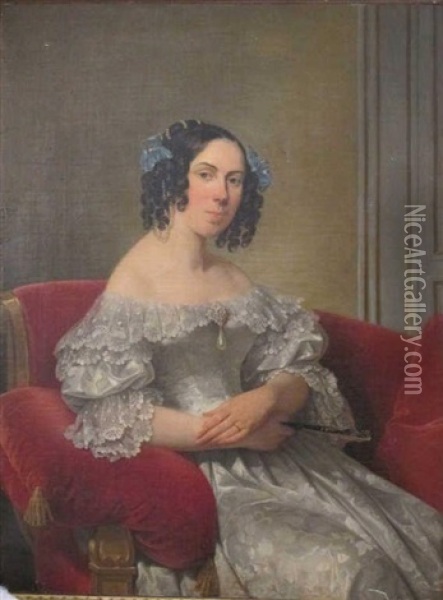 Portrait De Dame Dans Un Fauteuil Rouge Oil Painting - Julie Ribault