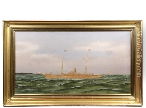 Yacht Portrait, Portside View, Shoreline Behind Oil Painting - Thomas H. Willis