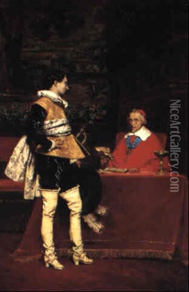Cardinal Richelieu Giving A Letter To The Mousquetaire D'artagnan Oil Painting - Adolphe Alexandre Lesrel