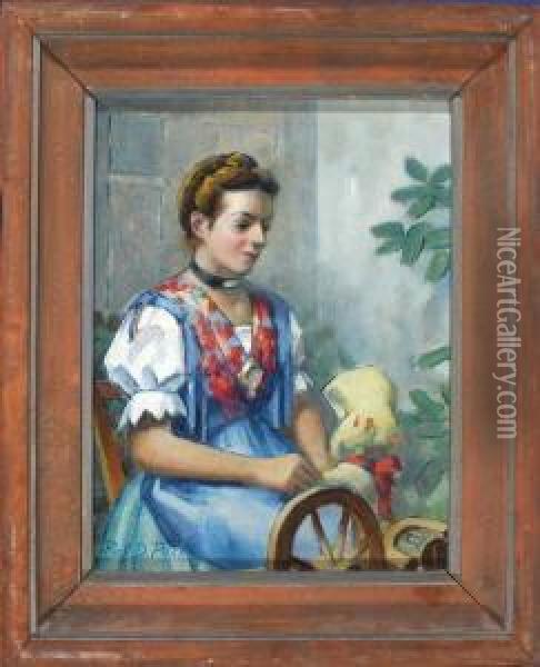 Junges Dirndl Am Spinnrad Oil Painting - Dezso Pecsi-Pilch