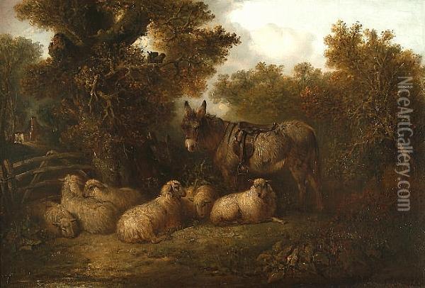 A Donkey And Sheep By A Gate Oil Painting - Edward Robert Smythe