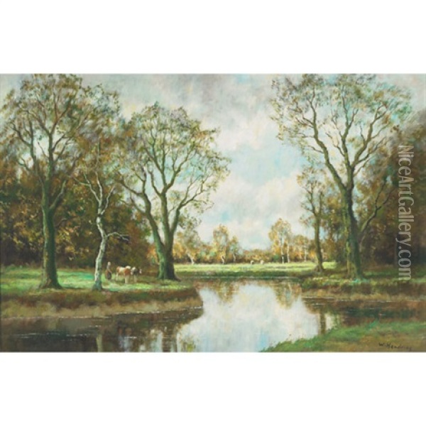 Cows Grazing In A River Landscape Oil Painting - Willem Hendriks