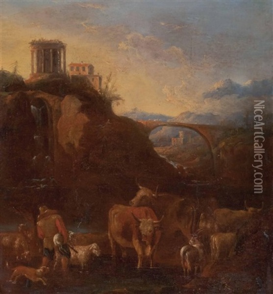 Italienische Landschaft Mit Hirt Und Herde Sowie Dem Sibyllentempel Von Tivoli Oil Painting - Johann Heinrich Roos