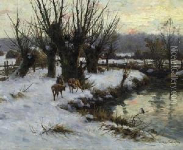 Winterly Landscape With Red Deer And Brook. Signed Bottom Right: H. Hartwich Oil Painting - Hermann Hartwich