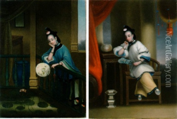 Interior With Elegant Chinese Lady Oil Painting -  Lam Qua