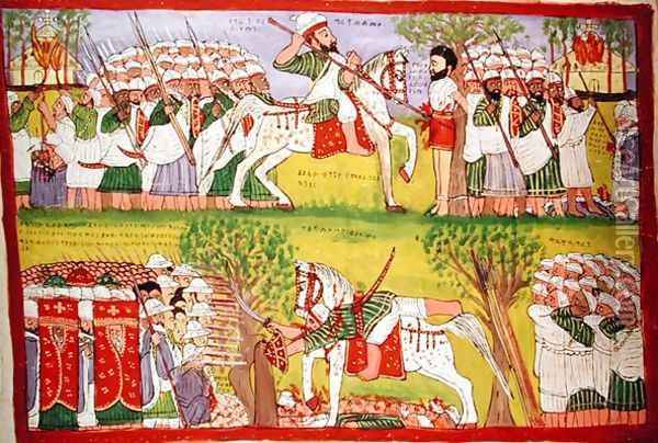 Burning of Churches by Muslims and the Death of Cristobal de Gama and the Fall and Death of Ahmed ibn Ibrahim al Ghazi 1506-43 Shot by a Portuguese Musketeer Oil Painting - Jemlieri Hailu of Gondar Kegneketa