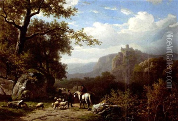 A Wooded Summer Landscape With A Shepherd And A Traveller On Horseback (collab. W/joseph Verboekhoven) Oil Painting - Alexander Joseph Daiwaille
