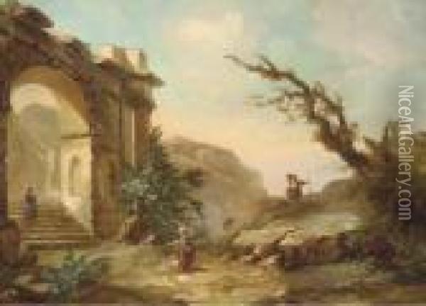 A Rocky Mountain Landscape With Figures Near A Classical Arch Oil Painting - Hubert Robert
